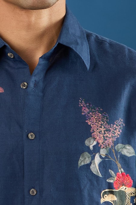 Buy_Rohit Bal_Blue Poplin Embroidery Indigo Shirt _Online_at_Aza_Fashions