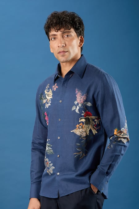 Shop_Rohit Bal_Blue Poplin Embroidery Indigo Shirt _Online_at_Aza_Fashions