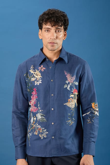 Rohit Bal Blue Poplin Embroidery Indigo Shirt
