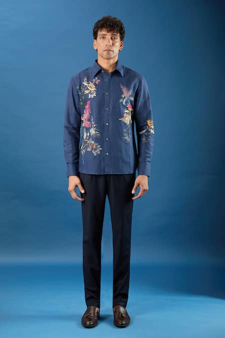 Rohit Bal_Blue Poplin Embroidery Indigo Shirt _at_Aza_Fashions