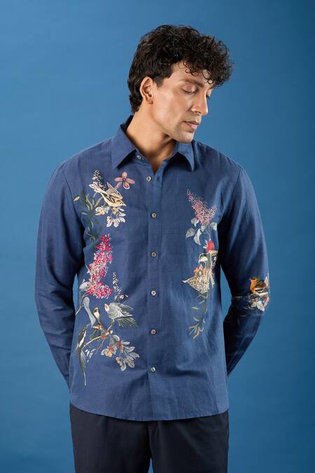 Buy_Rohit Bal_Blue Poplin Embroidery Indigo Shirt 