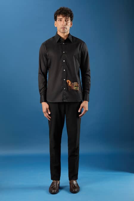 Buy_Rohit Bal_Black Poplin Embroidery Shirt _Online_at_Aza_Fashions
