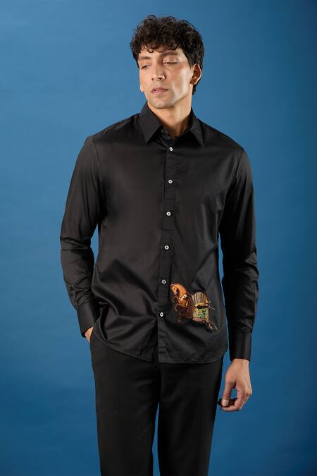 Shop_Rohit Bal_Black Poplin Embroidery Shirt _Online_at_Aza_Fashions