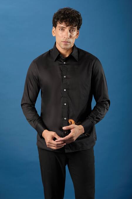 Rohit Bal_Black Poplin Embroidery Shirt _at_Aza_Fashions