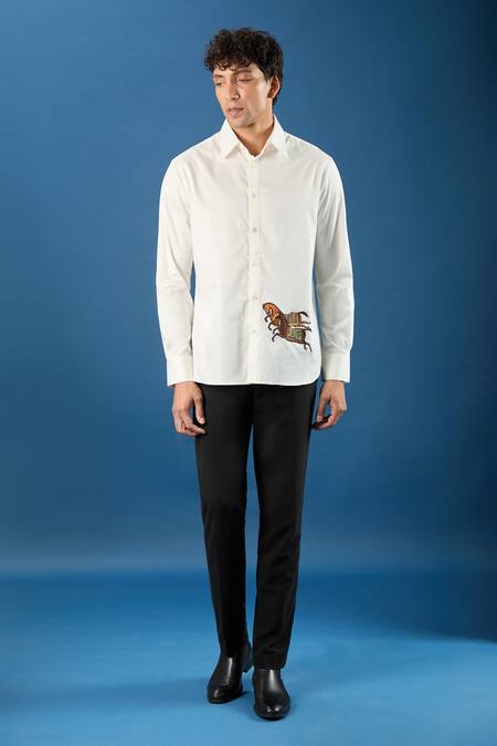 Shop_Rohit Bal_Ivory Poplin Embroidery Shirt _Online_at_Aza_Fashions