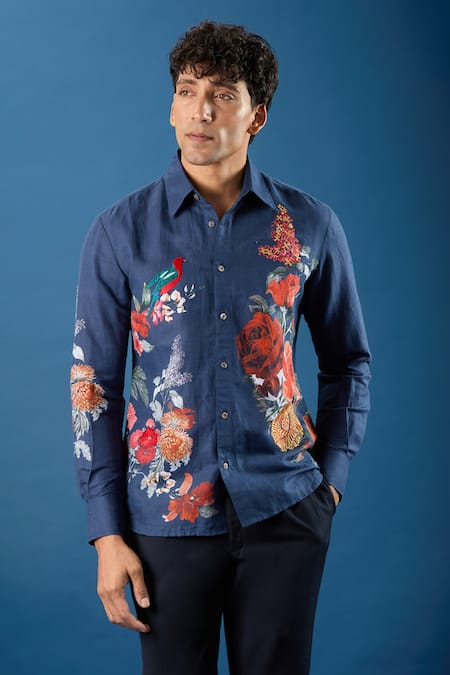 Buy_Rohit Bal_Blue Poplin Embroidery Indigo Shirt _Online_at_Aza_Fashions