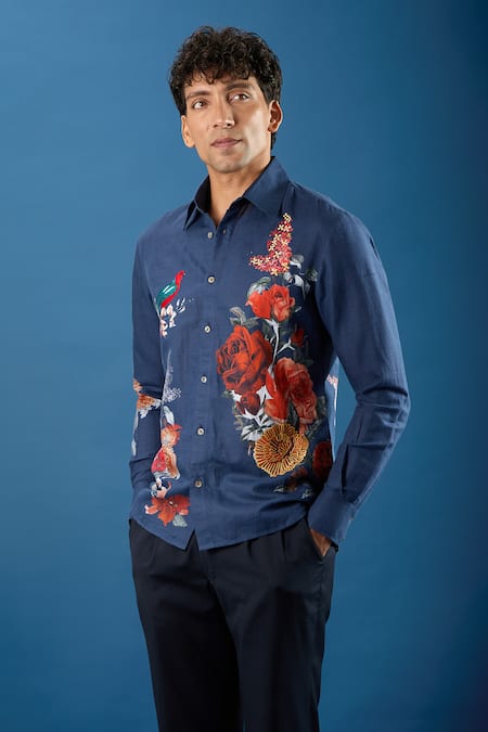 Rohit Bal_Blue Poplin Embroidery Indigo Shirt _at_Aza_Fashions