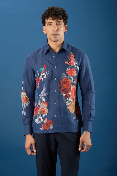 Buy_Rohit Bal_Blue Poplin Embroidery Indigo Shirt 