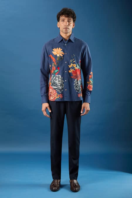 Buy_Rohit Bal_Blue Poplin Embroidery Indigo Shirt _Online_at_Aza_Fashions