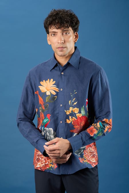Rohit Bal Blue Poplin Embroidery Indigo Shirt