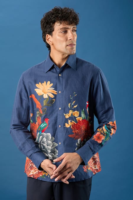 Shop_Rohit Bal_Blue Poplin Embroidery Indigo Shirt _Online_at_Aza_Fashions