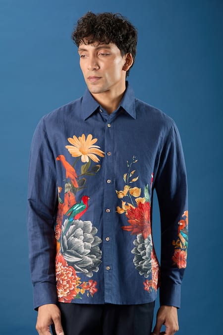 Rohit Bal_Blue Poplin Embroidery Indigo Shirt _at_Aza_Fashions