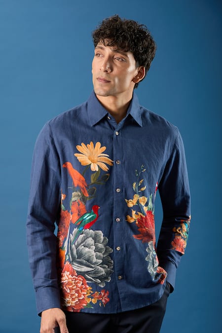 Buy_Rohit Bal_Blue Poplin Embroidery Indigo Shirt 