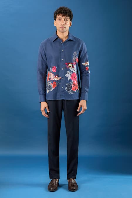 Shop_Rohit Bal_Blue Poplin Indigo Shirt _Online_at_Aza_Fashions