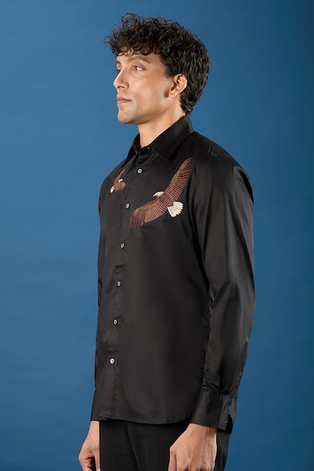 Buy_Rohit Bal_Black Poplin Embroidery Shirt _Online_at_Aza_Fashions