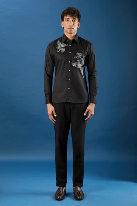 Buy_Rohit Bal_Black Poplin Embroidery Shirt _Online_at_Aza_Fashions