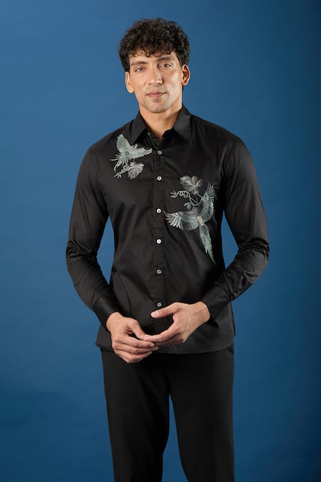 Rohit Bal Black Poplin Embroidery Shirt