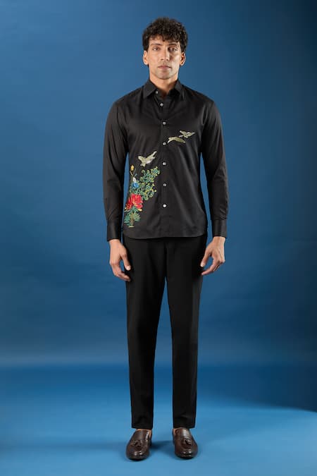 Buy_Rohit Bal_Black Poplin Embroidery Shirt _Online_at_Aza_Fashions