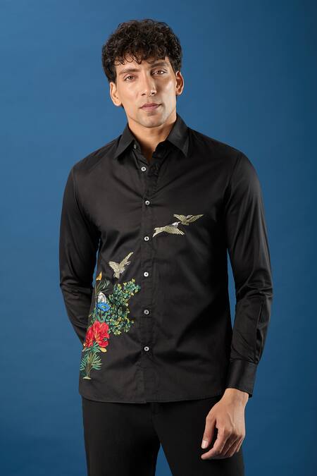 Shop_Rohit Bal_Black Poplin Embroidery Shirt _Online_at_Aza_Fashions