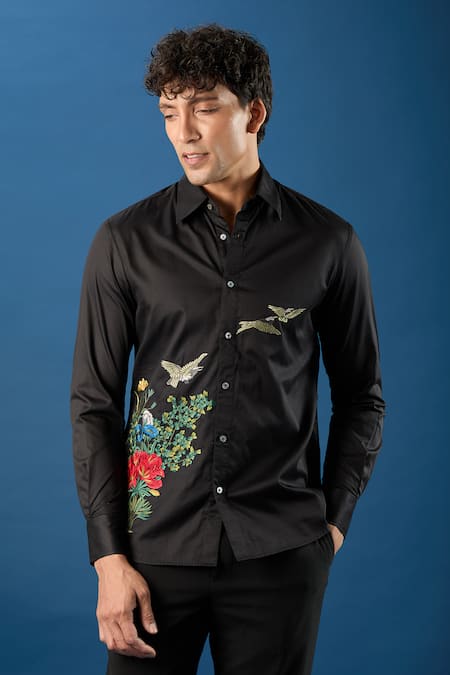 Rohit Bal_Black Poplin Embroidery Shirt _at_Aza_Fashions