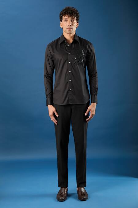 Buy_Rohit Bal_Black Poplin Embroidery Shirt _Online_at_Aza_Fashions