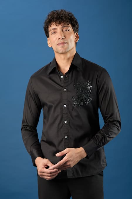 Shop_Rohit Bal_Black Poplin Embroidery Shirt _Online_at_Aza_Fashions