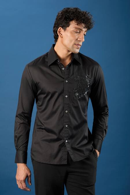 Rohit Bal_Black Poplin Embroidery Shirt _at_Aza_Fashions