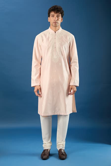 Rohit Bal_Pink Chanderi Embroidery Power Kurta Set _at_Aza_Fashions
