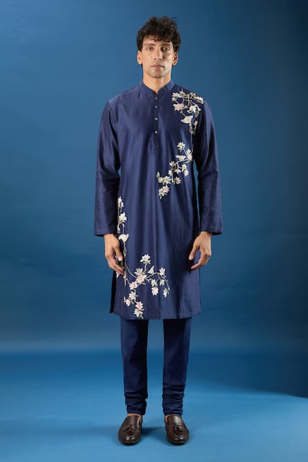 Shop_Rohit Bal_Blue Chanderi Embroidery Indigo Kurta Set _Online_at_Aza_Fashions