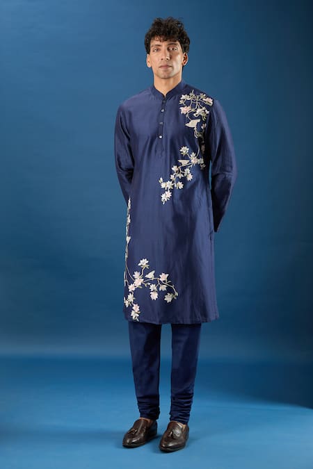 Buy_Rohit Bal_Blue Chanderi Embroidery Indigo Kurta Set 