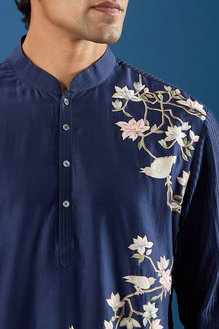 Shop_Rohit Bal_Blue Chanderi Embroidery Indigo Kurta Set 