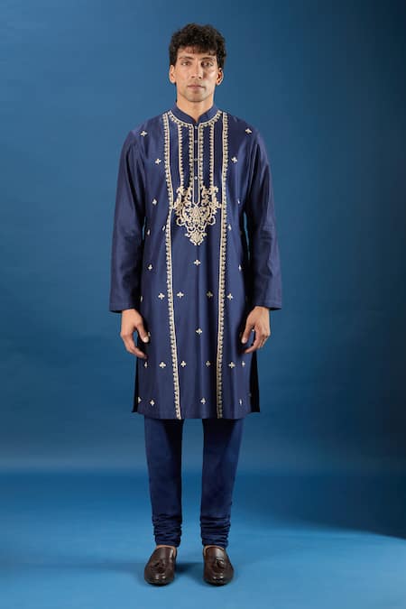 Shop_Rohit Bal_Blue Chanderi Embroidery Kurta Set _Online_at_Aza_Fashions