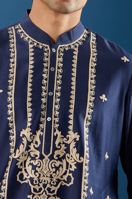 Rohit Bal_Blue Chanderi Embroidery Kurta Set _at_Aza_Fashions