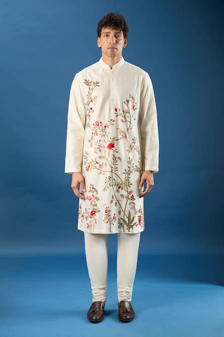 Shop_Rohit Bal_Ivory Chanderi Embroidery Floral Kurta Set _Online_at_Aza_Fashions