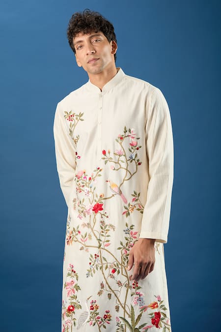 Rohit Bal_Ivory Chanderi Embroidery Floral Kurta Set _at_Aza_Fashions