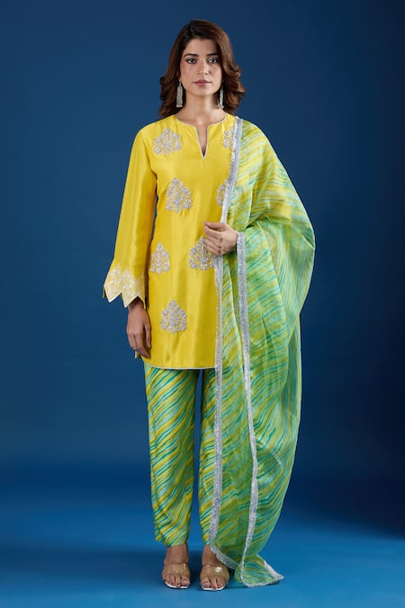 Buy Archana Shah Yellow Silk Embroidery Split V-neck Floral Butta Kurta Set Online at Aza Fashions Buy_Archana Shah_Yellow Silk Embroidery Split V-neck Floral Butta Kurta Set _Online_at_Aza_Fashions