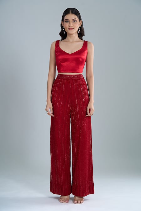 Ritika Mirchandani_Red Crepe, Georgette Embroidery, Crystals Round Neck Flache Jacket Pant Set _Online_at_Aza_Fashions