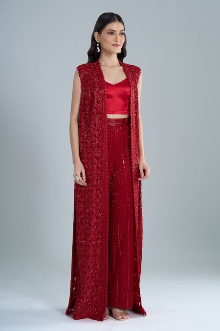 Buy_Ritika Mirchandani_Red Crepe, Georgette Embroidery, Crystals Round Neck Flache Jacket Pant Set _Online_at_Aza_Fashions