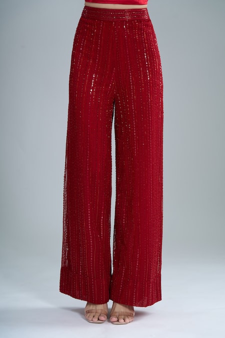 Shop_Ritika Mirchandani_Red Crepe, Georgette Embroidery, Crystals Round Neck Flache Jacket Pant Set _Online_at_Aza_Fashions
