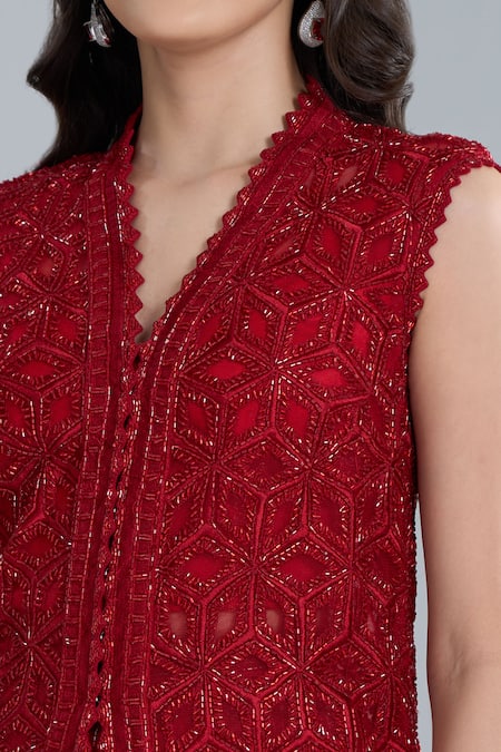 Ritika Mirchandani_Red Crepe, Georgette Embroidery, Crystals Round Neck Flache Jacket Pant Set _at_Aza_Fashions