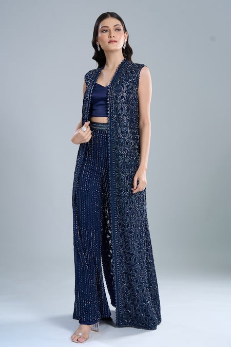 Ritika Mirchandani_Navy Crepe, Net, Georgette Crystals V-neck Flache Embroidered Jacket Pant Set _Online_at_Aza_Fashions