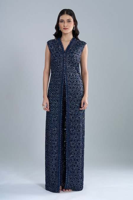 Buy_Ritika Mirchandani_Navy Crepe, Net, Georgette Crystals V-neck Flache Embroidered Jacket Pant Set _Online_at_Aza_Fashions
