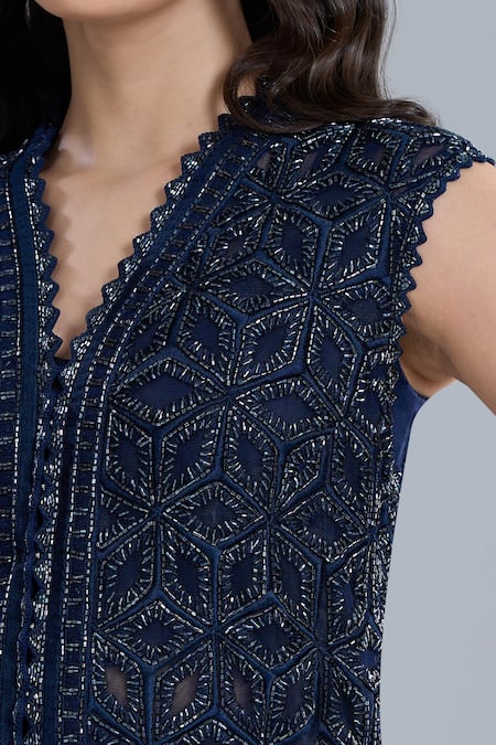 Shop_Ritika Mirchandani_Navy Crepe, Net, Georgette Crystals V-neck Flache Embroidered Jacket Pant Set _Online_at_Aza_Fashions