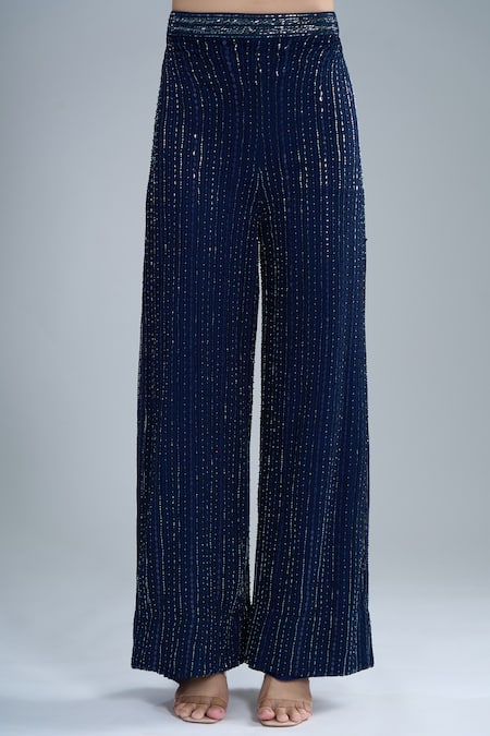 Ritika Mirchandani_Navy Crepe, Net, Georgette Crystals V-neck Flache Embroidered Jacket Pant Set _at_Aza_Fashions