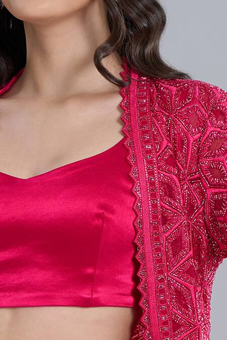 Ritika Mirchandani Fuchsia Crepe, Georgette, Net Embroidery Round Neck Elara Jacket Pant Set Online at Aza Fashions Ritika Mirchandani_Fuchsia Crepe, Georgette, Net Embroidery Round Neck Elara Jacket Pant Set _Online_at_Aza_Fashions