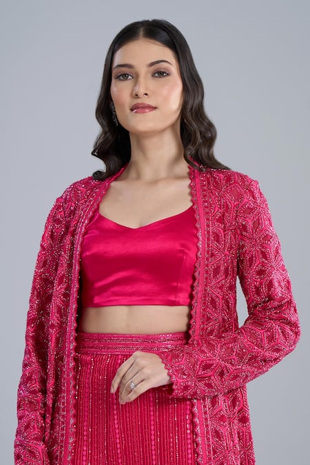Buy Ritika Mirchandani Fuchsia Crepe, Georgette, Net Embroidery Round Neck Elara Jacket Pant Set Online at Aza Fashions Buy_Ritika Mirchandani_Fuchsia Crepe, Georgette, Net Embroidery Round Neck Elara Jacket Pant Set _Online_at_Aza_Fashions
