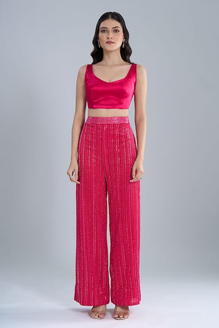 Shop Ritika Mirchandani Fuchsia Crepe, Georgette, Net Embroidery Round Neck Elara Jacket Pant Set Online at Aza Fashions Shop_Ritika Mirchandani_Fuchsia Crepe, Georgette, Net Embroidery Round Neck Elara Jacket Pant Set _Online_at_Aza_Fashions