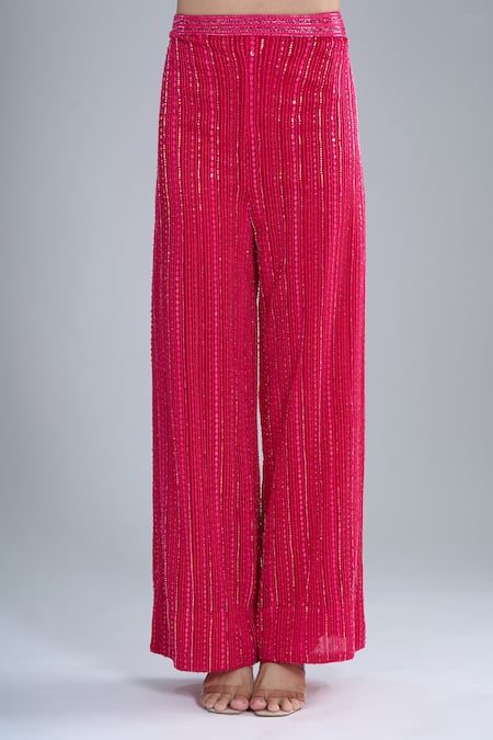 Ritika Mirchandani Fuchsia Crepe, Georgette, Net Embroidery Round Neck Elara Jacket Pant Set at Aza Fashions Ritika Mirchandani_Fuchsia Crepe, Georgette, Net Embroidery Round Neck Elara Jacket Pant Set _at_Aza_Fashions