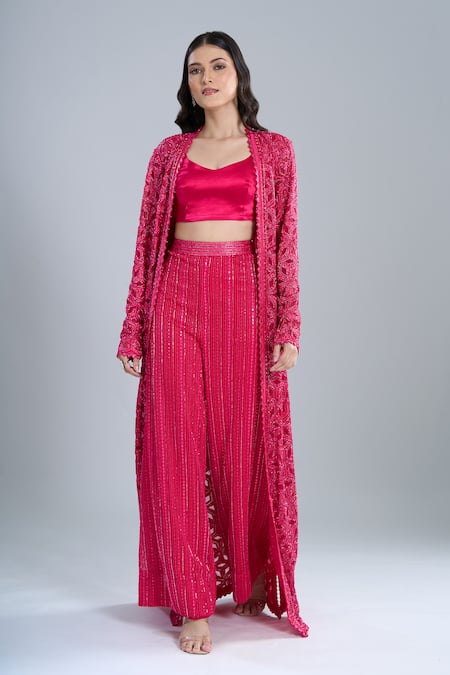 Buy Ritika Mirchandani Fuchsia Crepe, Georgette, Net Embroidery Round Neck Elara Jacket Pant Set Buy_Ritika Mirchandani_Fuchsia Crepe, Georgette, Net Embroidery Round Neck Elara Jacket Pant Set
