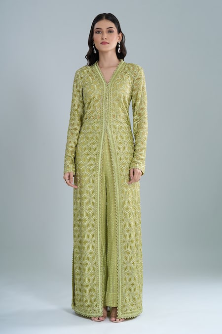 Ritika Mirchandani_Olive Green Crepe, Net Crystals V-neck, Scoop Elara Embroidered Jacket Pant Set _Online_at_Aza_Fashions